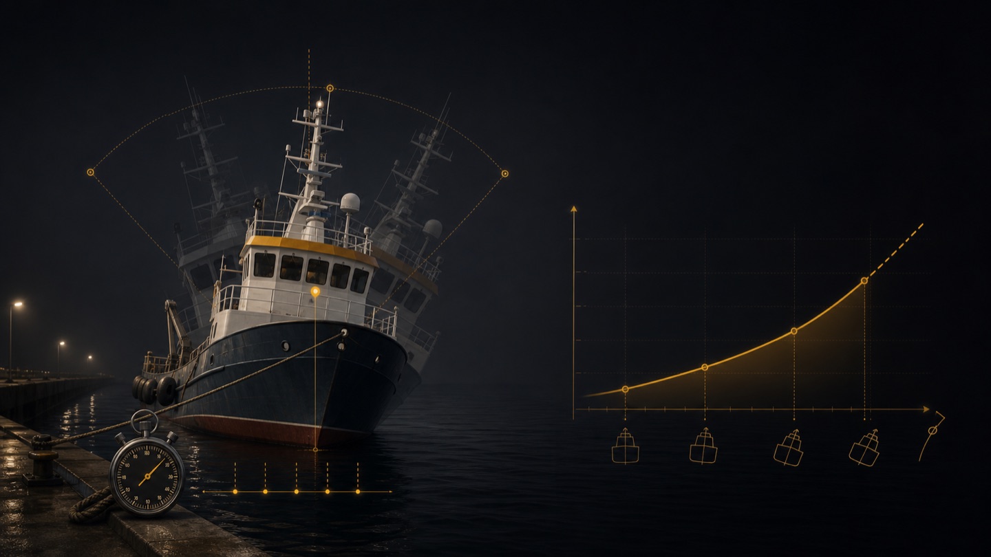 Moored work vessel shown with roll-amplitude ghosting, stopwatch cue, and amber period-growth curve